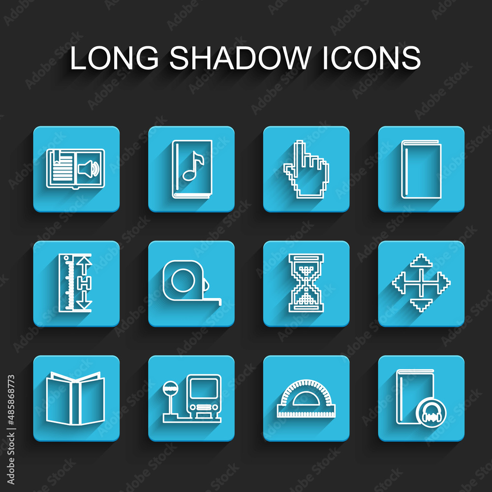 Set line Open book, Bus stop, Audio, Protractor grid, Roulette construction, Pixel arrows in four directions and Hourglass pixel icon. Vector Set line Open book, Bus stop, Audio, Protractor grid, Roulette construction, Pixel arrows in four directions and Hourglass pixel icon. Vector