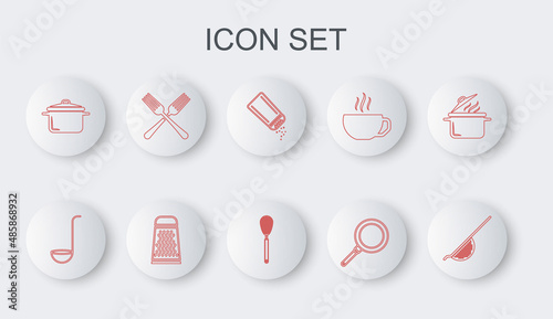 Set line Kitchen colander, ladle, Salt pepper, Frying pan, Cooking pot, Crossed fork, Grater and whisk icon. Vector