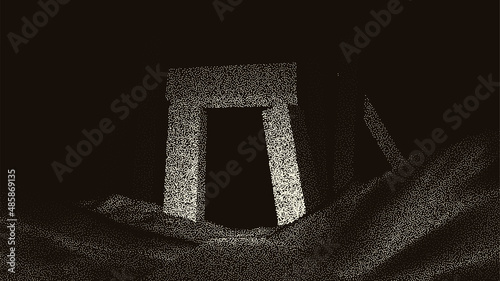 Ancient ruins in sci-fi scene with dotwork retro style. Mysterious gate debris with dramatic lights and retro texture