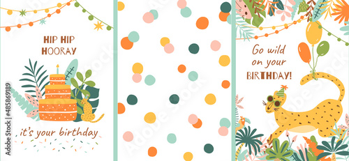 Wild birthday party cards set. Jungle party posters collection. Jungle animal party banners With birthday cake. Bright summer safari graphic design. Summer background wild and free Vector illustration