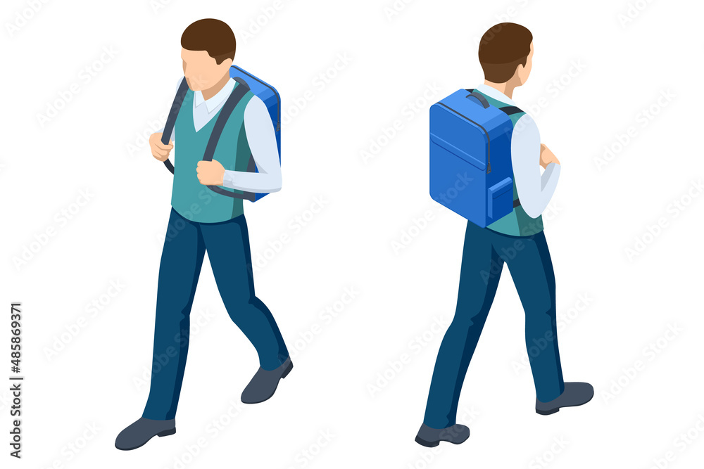 Isometric student in school uniform goes to school with a backpack Education. The beginning of a new school year. Teenage student, male high school student portrait Isometric student in school uniform goes to school with a backpack Education. The beginning of a new school year. Teenage student, male high school student portrait