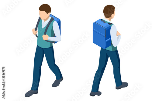 Isometric student in school uniform goes to school with a backpack Education. The beginning of a new school year. Teenage student, male high school student portrait