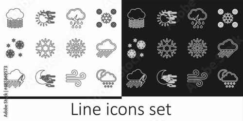 Set line Cloud with snow and moon, rain, lightning, Snowflake, and Fog sun icon. Vector