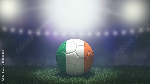 Soccer ball in flag colors on a bright blurred stadium background. Ireland. 3D image