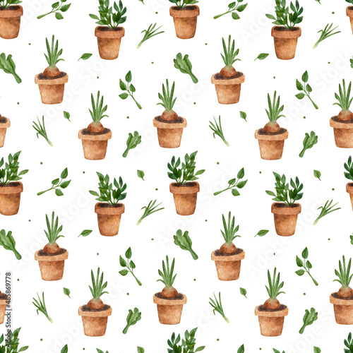 Watercolor pattern with various herbs and seedlings in pots. Gardening tools.