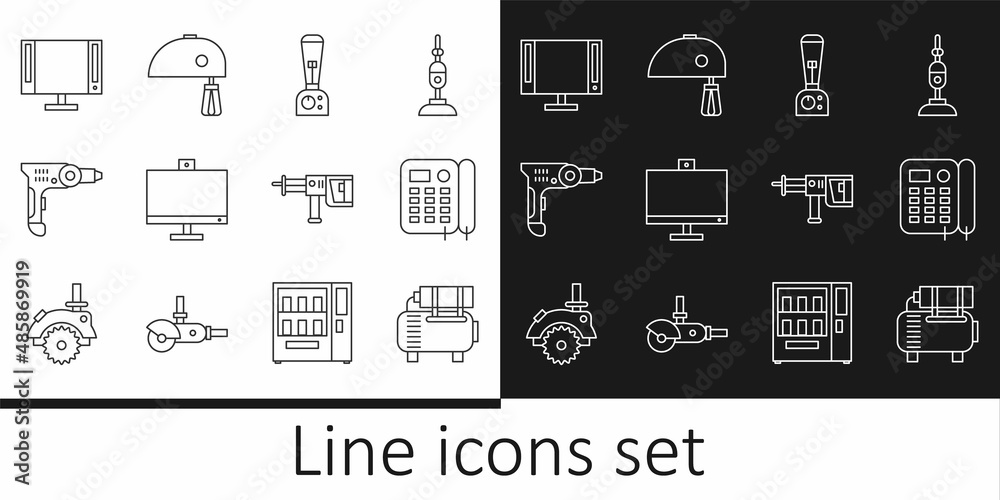 Set line Air compressor, Telephone, Blender, Computer monitor, Electric drill machine, Smart Tv, Rotary hammer and mixer icon. Vector