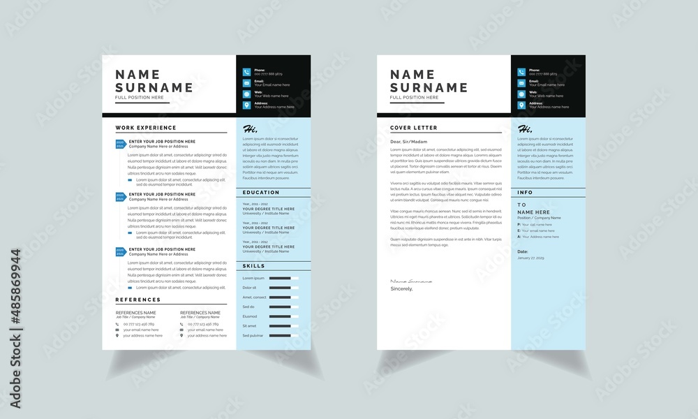 Resume and Cover Letter Layout Set Blue Sidebar Accents