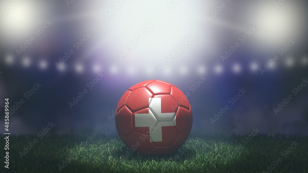 Soccer ball in flag colors on a bright blurred stadium background. Switzerland. 3D image