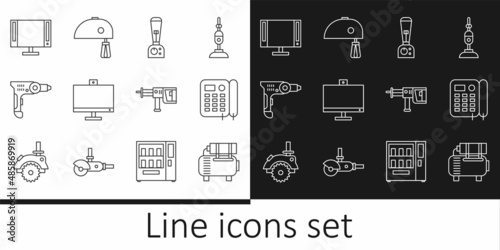 Set line Air compressor, Telephone, Blender, Computer monitor, Electric drill machine, Smart Tv, Rotary hammer and mixer icon. Vector