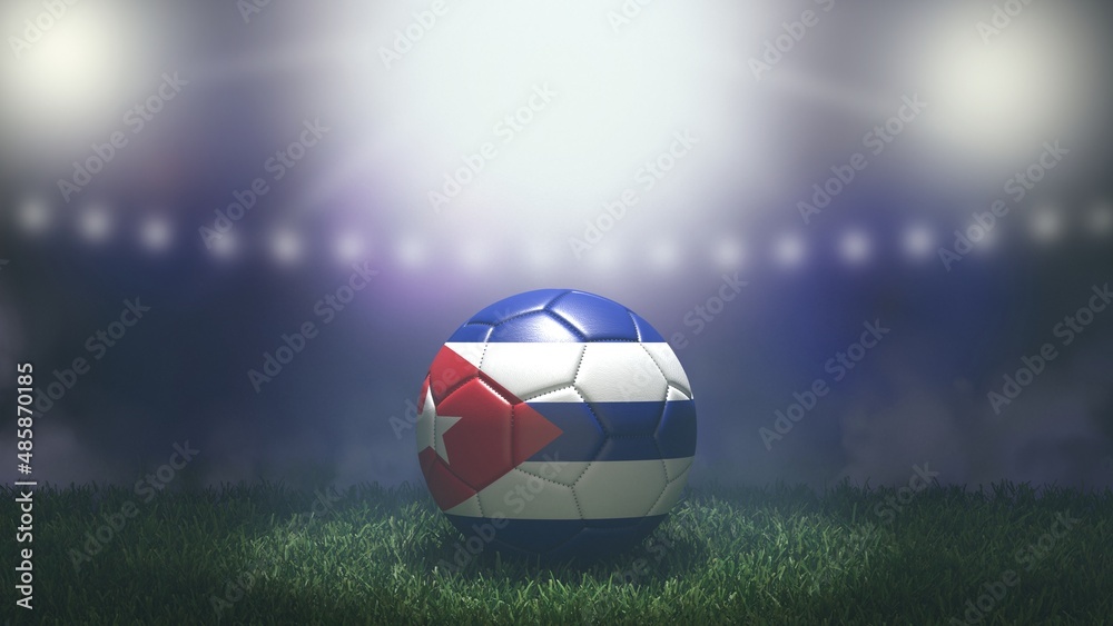Soccer ball in flag colors on a bright blurred stadium background. Cuba. 3D image