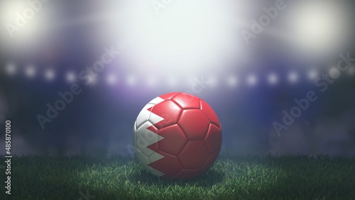 Soccer ball in flag colors on a bright blurred stadium background. Bahrain. 3D image
