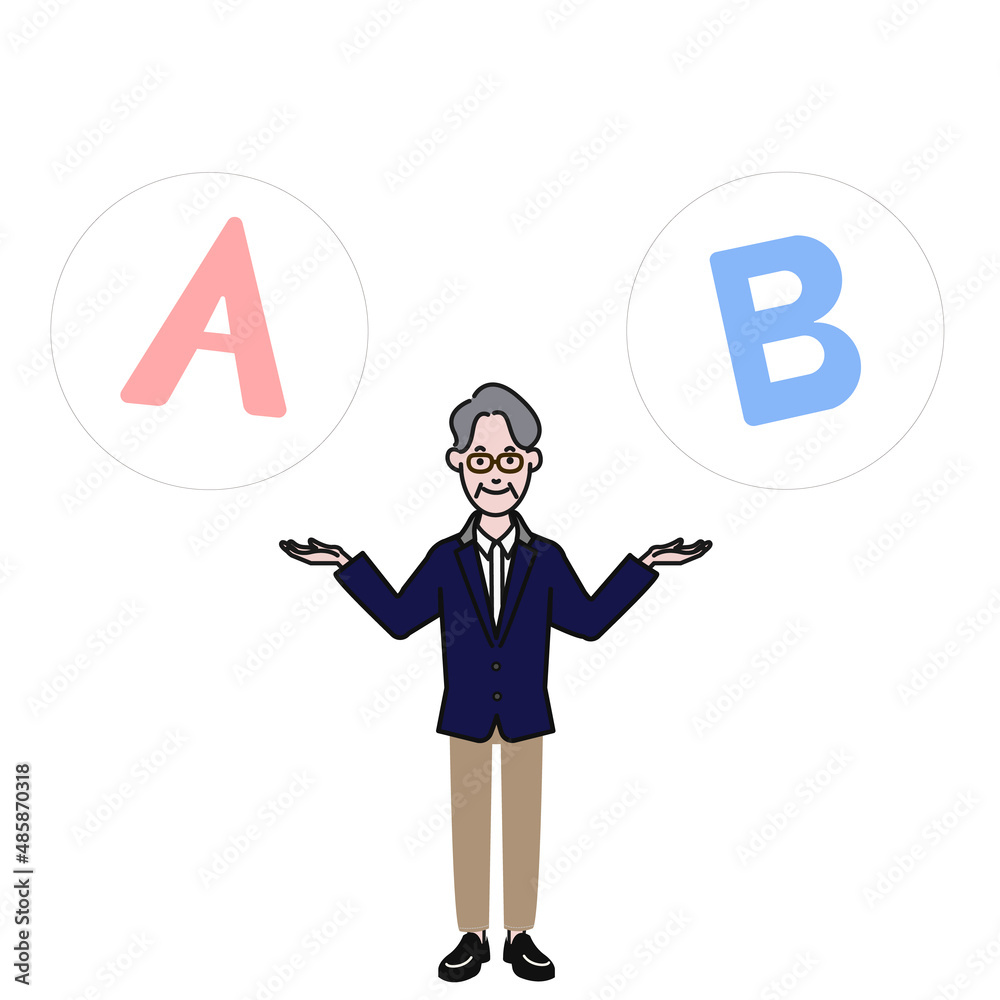 ジャケットを着たオフィスカジュアルなメガネのシニア男性が腕を広げAとBを比べている白背景に線画のシンプルなイラスト