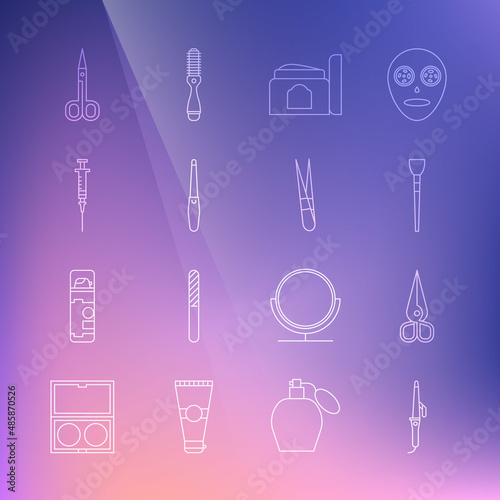 Set line Curling iron, Scissors, Makeup brush, Cream cosmetic tube, Nail file, Syringe, and Eyebrow tweezers icon. Vector