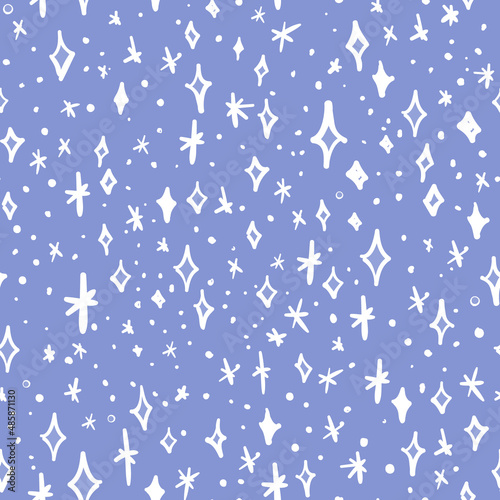 All over vector seamless repeat pattern with ditsy twinkling shining white stars on very peri purple background