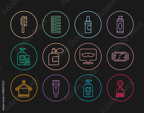 Set line Hairbrush, Hand mirror, Beard mustaches care oil bottle, Aftershave with atomizer, Shaving gel foam, Barbershop and icon. Vector