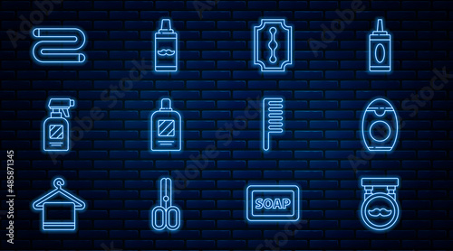 Set line Barbershop, Bottle of shampoo, Blade razor, Hairdresser pistol spray bottle, Towel, Hairbrush and Shaving gel foam icon. Vector
