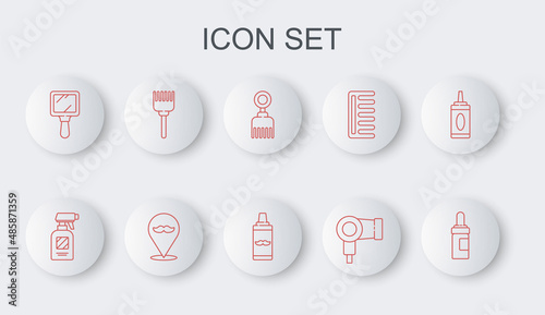 Set line Beard and mustaches care oil bottle, Hairdresser pistol spray, Hairbrush, dryer, Hand mirror, Barbershop and Shaving gel foam icon. Vector