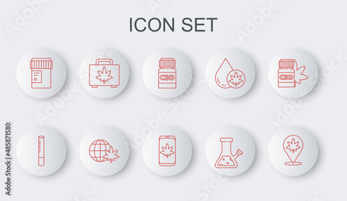 Set line Location and marijuana, Marijuana joint, Medical bottle with cannabis, Glass bong for smoking, Shopping box of, Legalize globe and Mobile icon. Vector
