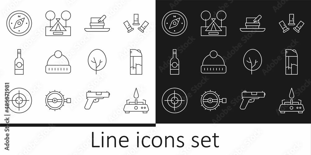 Set line Camping gas stove, Lighter, Hunter hat with feather, Winter, Bottle of vodka, Compass, Tree and Tourist tent icon. Vector