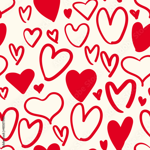 All over seamless vector repeat pattern with irregular doodle red hearts on a cream ivory background. Versatile Valentines day love backdrop