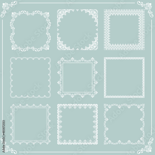 Vintage set of elements. Different square elements for decoration and design frames, cards, menus, backgrounds and monograms. Classic patterns. Set of white patterns