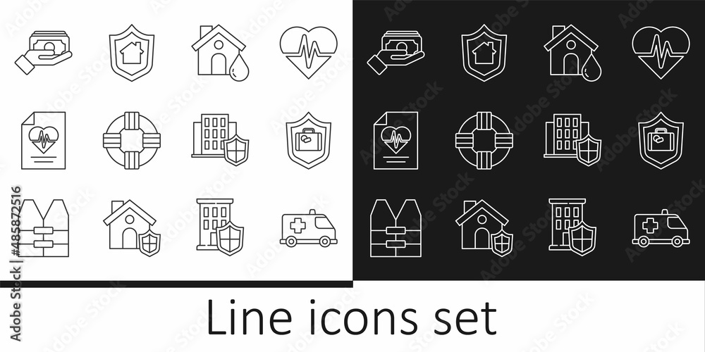 Set line Emergency car, Travel suitcase with shield, House flood, Lifebuoy, Health insurance, Stacks paper money cash, and icon. Vector