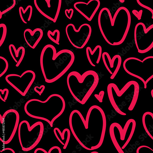 All over seamless vector repeat pattern with irregular doodle red hearts on a dark black background. Versatile Valentines day love backdrop