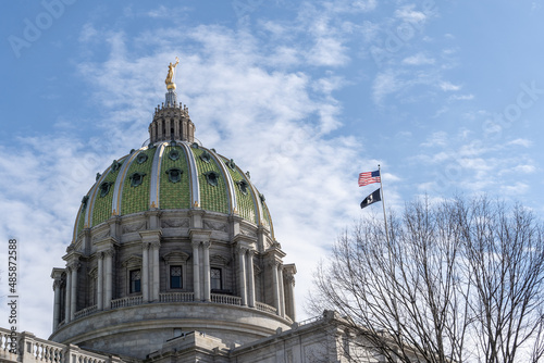 Harrisburg Capitol Building Dome with Blue Sky Background photo