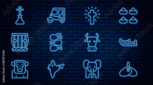 Set line Indian headgear turban, shoes, Christian cross, Tandoori chicken, Instrument tabla, Hookah, Cow and Taxi tuk tuk icon. Vector