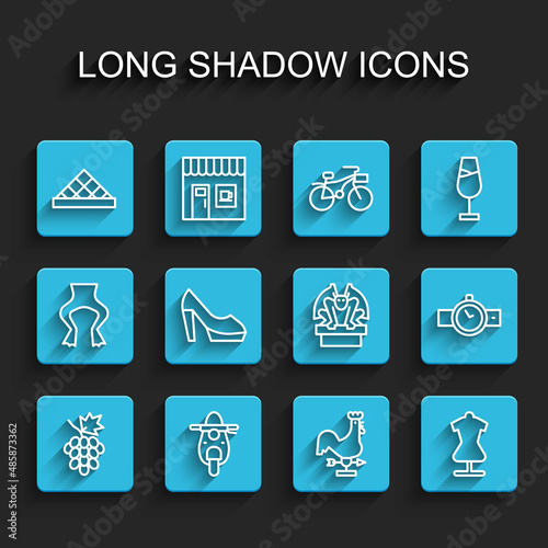 Set line Grape fruit, Scooter, Louvre museum, Rooster weather vane, Mannequin, Woman shoe, Wrist watch and Gargoyle on pedestal icon. Vector