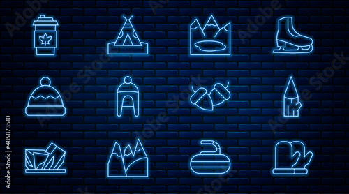Set line Christmas mitten, Wooden log, Canadian lake, Winter hat, Beanie, Coffee cup to go, Acorn and Indian teepee wigwam icon. Vector