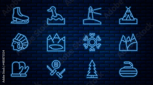 Set line Stone for curling, Mountains, Lighthouse, Canadian lake, Native American Indian, Skates, Snowflake and Flying duck icon. Vector