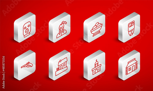 Set line Ukrainian house, cossack, Varenyky bowl, Church building, Thief mask, and Vintage pistols icon. Vector