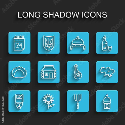 Set line Ukrainian cossack, Sunflower, Independence day of Ukraine, Garden pitchfork, Church tower, house, Map and Bandura icon. Vector