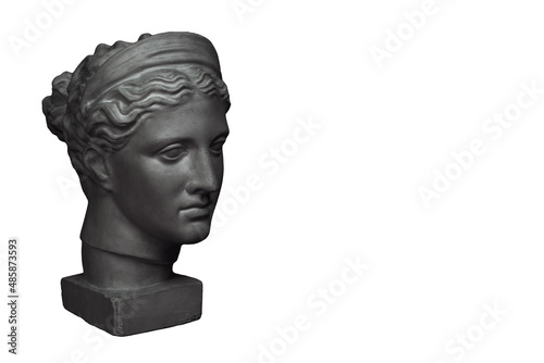 Marble head of young woman painted in black, ancient Greek goddess bust isolated on white background