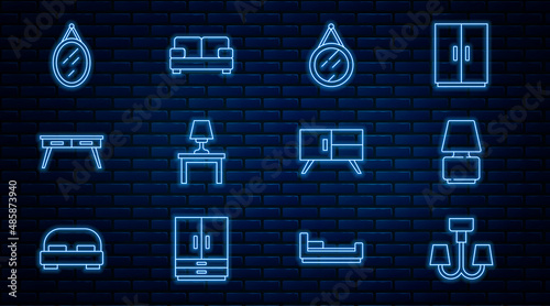 Set line Chandelier, Table lamp, Mirror, on table, Office desk, Chest of drawers and Sofa icon. Vector