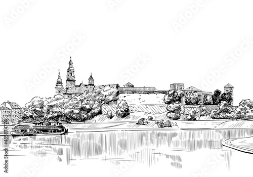 Poland. Warsaw. Old building facade hand drawn sketch. Unusual perspective. City vector illustration