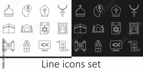 Set line Torah scroll, Christian icon, Pope hat, Hindu spiritual temple, Kaaba mosque, Church tower, Jewish calendar and Cross ankh icon. Vector