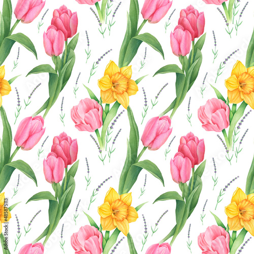 Seamless pattern with flowers. Narcissus, tulip, lavender. Hand drawn watercolor illustration. Image for textiles, fabrics, wrapping paper, invitations, postcards, business cards.