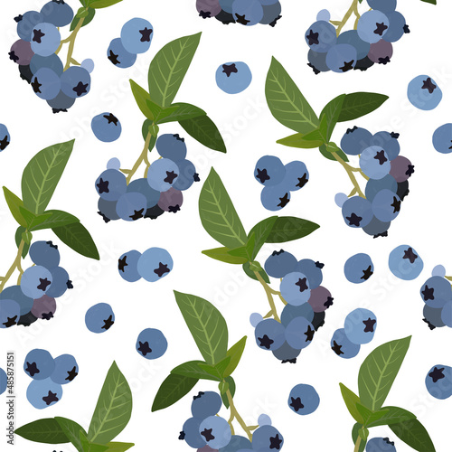 Blueberries with green leaves gouache flat illustrations seamless pattern. Green leaves and berries isolated on white background for wrapping paper, wallpaper, fabric. 