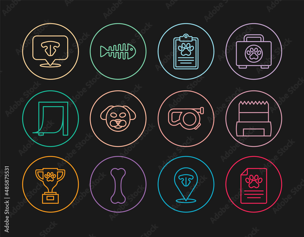 Set line Clinical record pet, Dog shit bag, Door for, Cat nose, Retractable leash and Fish skeleton icon. Vector Set line Clinical record pet, Dog shit bag, Door for, Cat nose, Retractable leash and Fish skeleton icon. Vector