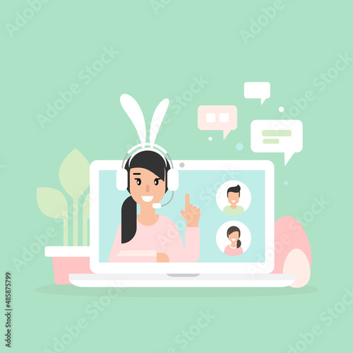 Easter operator with bunny ears. Webinar, online class, remote team work concept. Learn and study via teleconference or video course. Holiday consulting, job online, internet.