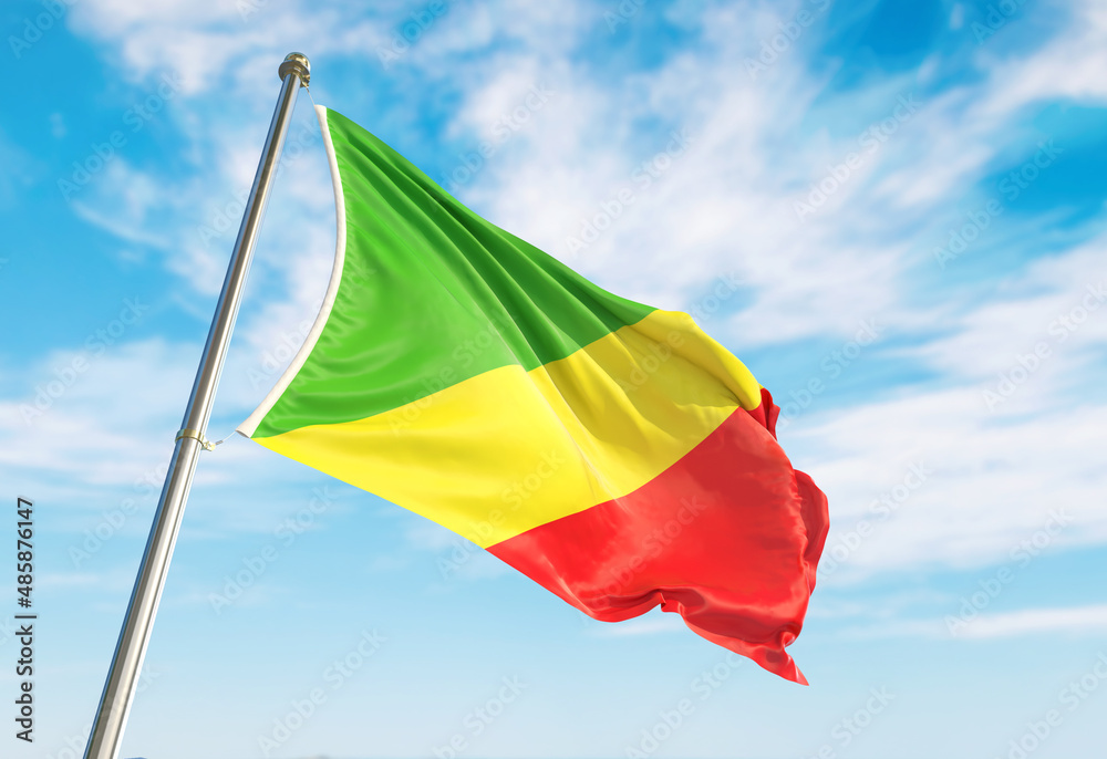 3d rendering Republic of the Congo flag waving in the wind on flagpole ...