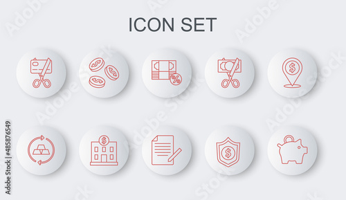Set line Piggy bank, Gold bars, Money percent, Shield with dollar, Scissors cutting credit card, Coin money, Bank building and Document and pen icon. Vector