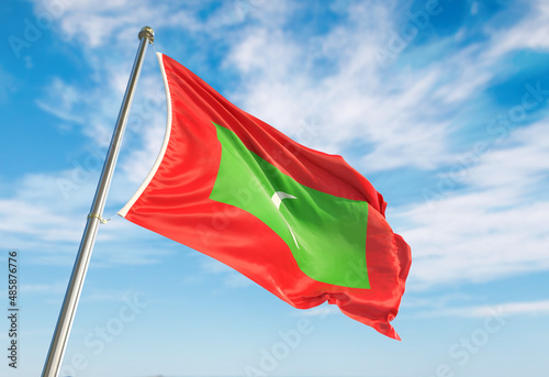 Realistic 3d wave Maldives flag. flag of Maldives waving against the backdrop of a blue sky
