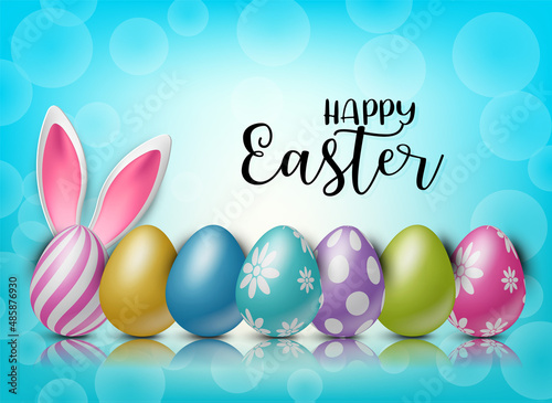 Happy Easter background with painted 3d realistic egg and bunny ears behind on blue backdrop with bokeh. Vector illustration.