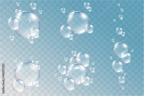 Flying transparent vector soap bubbles on abstract background. Colorful glass ball or sphere template