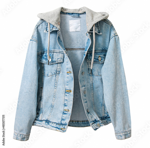 Blue denim jacket, jean coat isolated.Fashion teenager clothing. photo