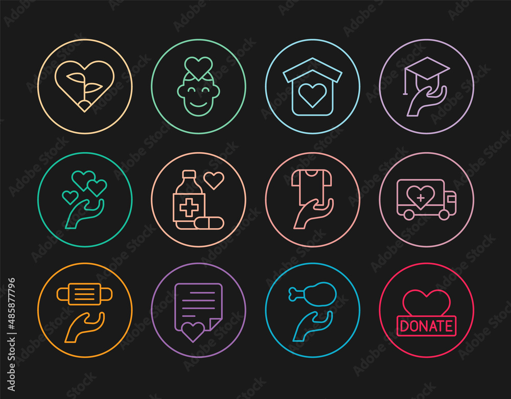 Set line Donation and charity, Humanitarian truck, Shelter for homeless, Medicine bottle pills, Heart hand, Leaf heart, Clothes donation and Volunteer icon. Vector