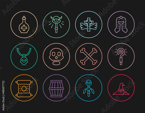 Set line Witch hat, Magic wand, Christian cross, Skull, Necklace amulet, Bottle with potion, Crossed human bones and staff icon. Vector photo